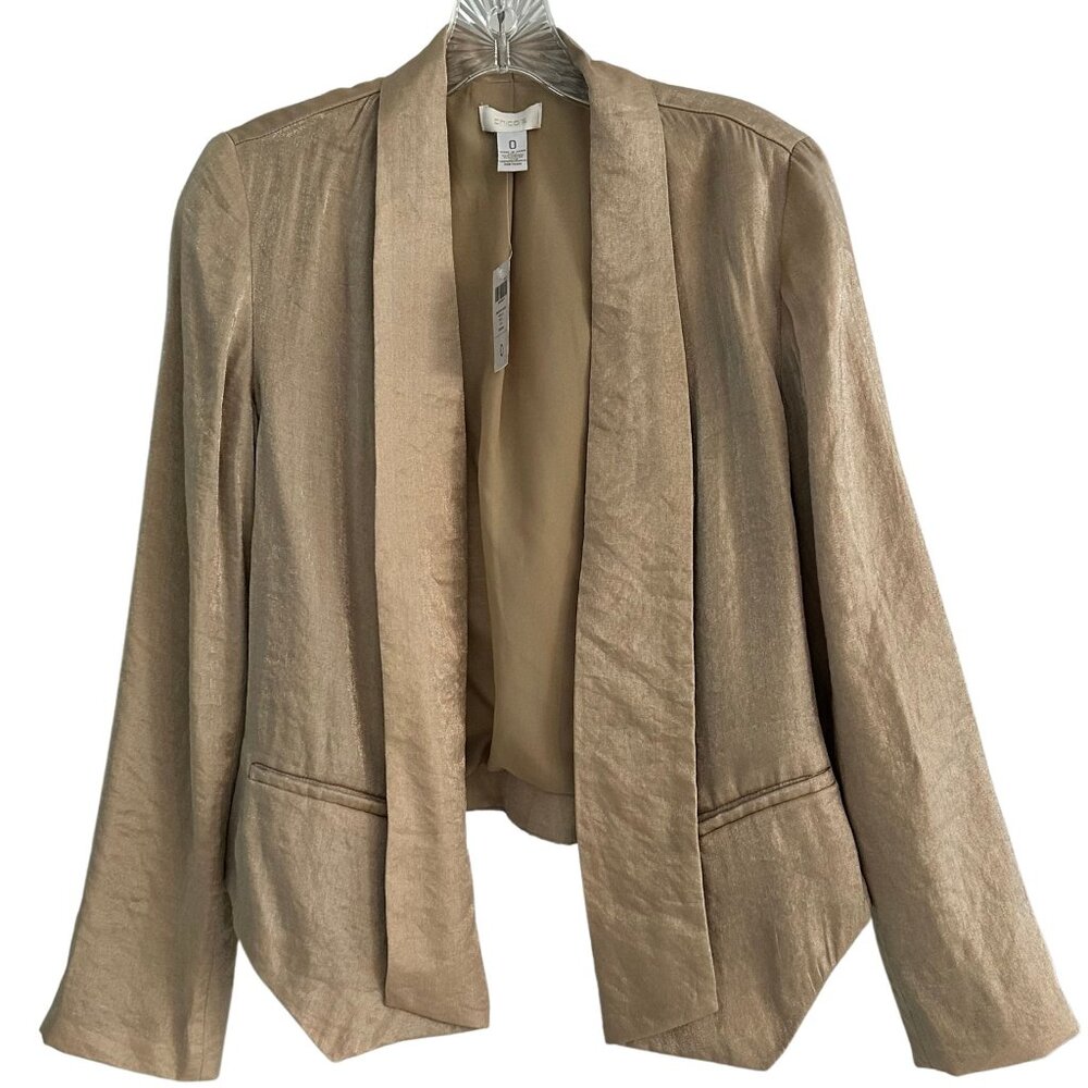Chico's NWT Drape Front Metallic Gold Jacket Size 0 (Small) Open Front Lined